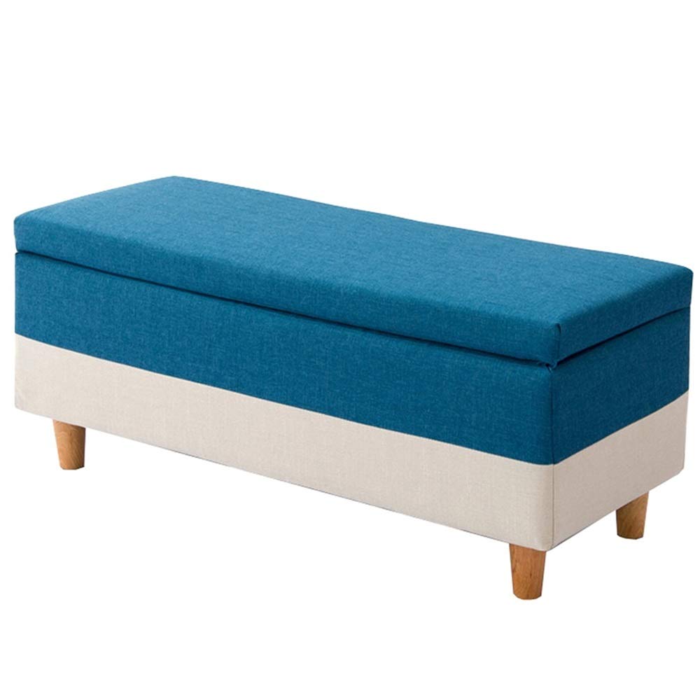 Pouf coffre de rangement en coton et lin 100x40x42cm avec pieds en bois massif