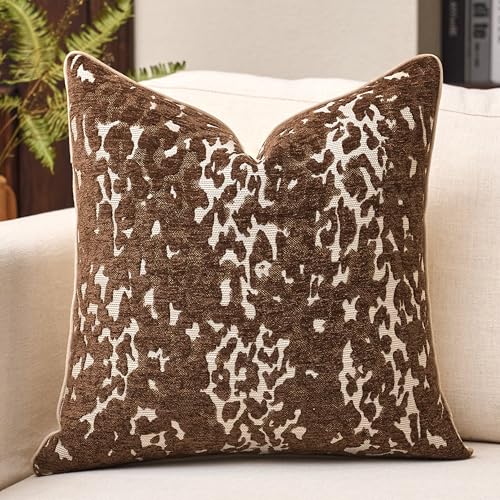 Yamminess Modern Leopard Print Throw Pillow Cover 18x18 Inch Soft Chenille Modern Decorative Cushion Case, Luxury Textured Pillow Cover for Couch, Sofa, Living Room, Bedroom,Brown