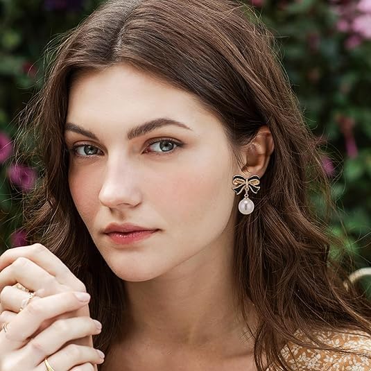 Gold Bow Earrings for Women, Long Tassel Chain Drop Earrings, Trendy Small Bow Earrings, Ribbon Waterfall Dangling Earrings, Pearl Bow Earrings, Sparkly Elegant Bowknot Preppy Jewelry Gifts for Women - Image 5