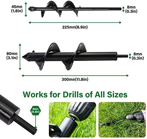 Earth Auger Drill Bit Set, Garden Bulbs Planting Post Hole Digger with Non-Slip Hex Drive Drill,2 PCS Spiral Rapid Planter Tool with Garden Gloves (12"x3" and 9"x1.6")