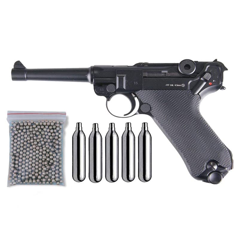 Pistola perdigon Lugger P08 Blowback 4,5mm + Funda + Balines + co2. 23054/29318/13275. Potencia 2,5 Julios