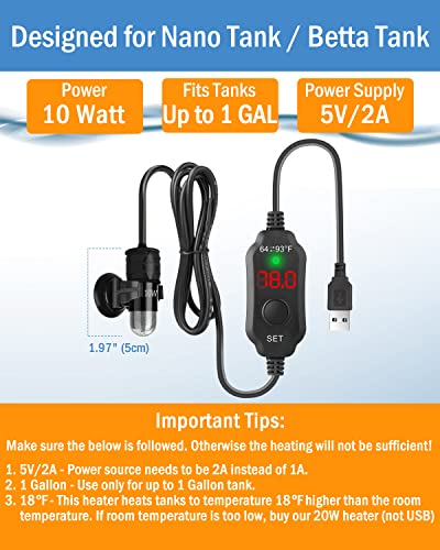 Kulife 5V/2A Usb Powered 10W Super Mini Fish Tank Heater Adjustable Submersible Aquarium Heater Betta Heater Turtle Heater With Led Display Thermostat - For Up To 1 Gallon Tanks #TOP1