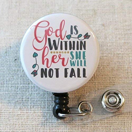 Bible Verse Badge Reel, God Is Within Her She Will Not Fall Psalm 46:5- Retractable Id Badge Reel With Swivel Pinch Clip, Religious Badge Holder, Encouraging Christian Scripture Quotes Badge Reel #TOP1