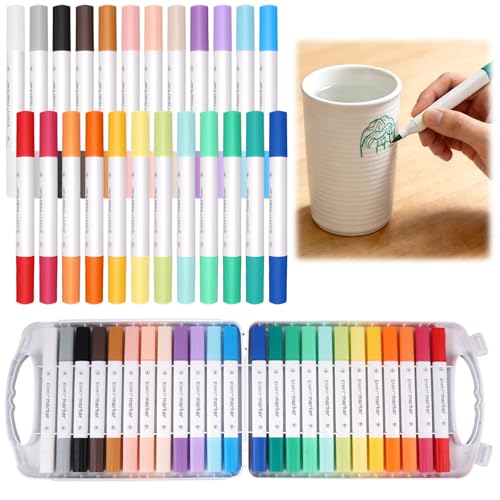 24 Couleurs Feutres pour Porcelaine Double Pointe avec Pinceau et Pointe Fine, Feutre Ceramique...