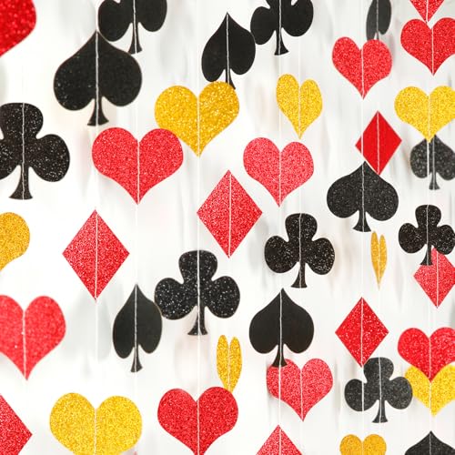 Red-Black Gold Casino Party-Decorations Streamers-Garland - 52ft Poker Theme Hanging Paper Banner,Adults Game Night Birthday Wedding Bachelorette Decor Hugfond