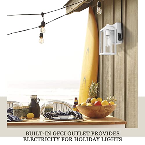 Zeyu Outdoor Wall Lighting With Dusk To Dawn Sensor, Exterior Wall Sconce With Built-In Gfci Outlet, Die-Cast Aluminum In White Finish, Clear Tempered Glass, Zw27Bs-P+G Wh #TOP4