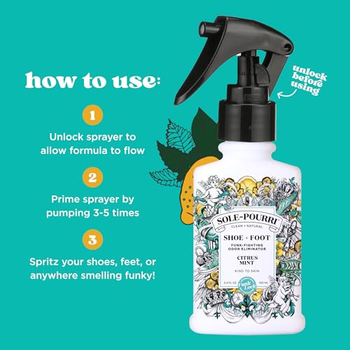Image of Sole-Pourri Shoe Deodorizer + Foot Spray,3.4 Fl Oz,Up to 150 Uses,Funk-Fighting Odor Freshener with Essential Oils,for Smelly Shoes,Feet & Gym Bags,Citrus & Mint Scent,(Pack of 2)