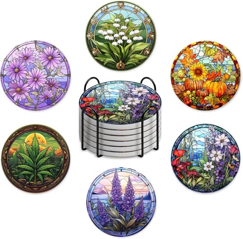 Image of Coasters Set of 6 with Holder-4in Absorbent Wood Coaster-Plant Flowers Style for Tabletop Protection Drink Coasters-Coffee Bar Accessories,Home Decor-Housewarming