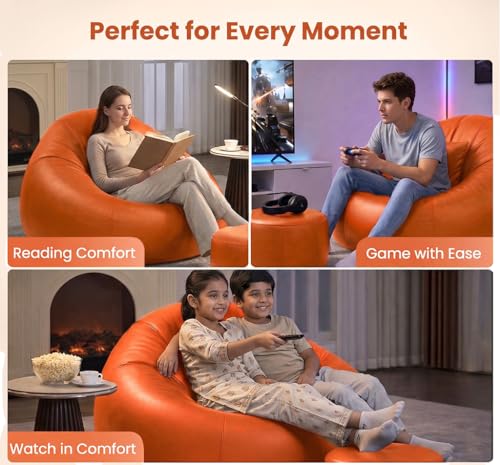 Image of Sattva Classic 4XL Bean Bag Chair with Beans Filled | Faux Leather Sofa Style Bin Bags Combo with Footstool & Cushion | Comfortable Seating for Adults & Teens, Home & Office - Orange