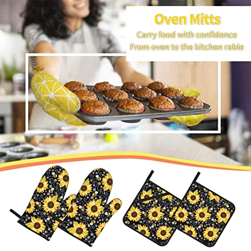 Sunflower Bees Oven Mitts And Pot Holders Sets Of 4 High Heat Resistant Oven Mitts With Oven Gloves And Hot Pads Polyester Potholders For Kitchen Baking Grilling Bbq Non-Slip Cooking Mitts #TOP6