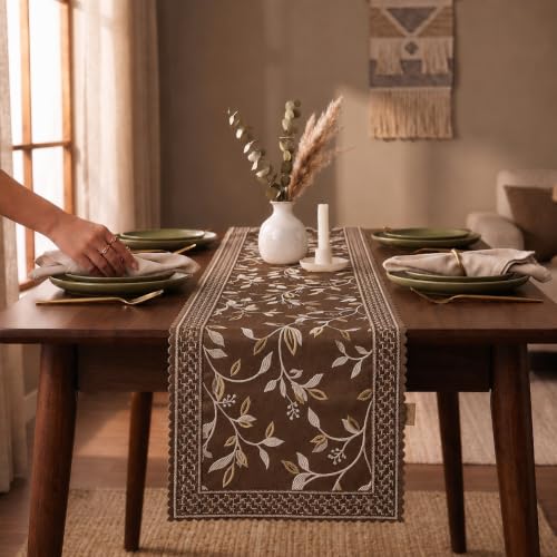 Image of Premium Embroidered Dining Table Runner 6 Seater | Washable Heat Resistant Fabric | Cotton-Silk Blend | Fits 4 & 8 Seater Dining Table | Centre Table Decor | 13 x 72 Inch | Coffee
