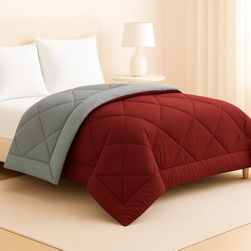 BSB HOME Luxury Reversible Comforter Single Size | Dual Color Soft Quilt for AC Room | Winter & Summer | Rainy Season Plush Microfiber | Solid Color Comforter – 60x90 Inches, Grey & Maroon