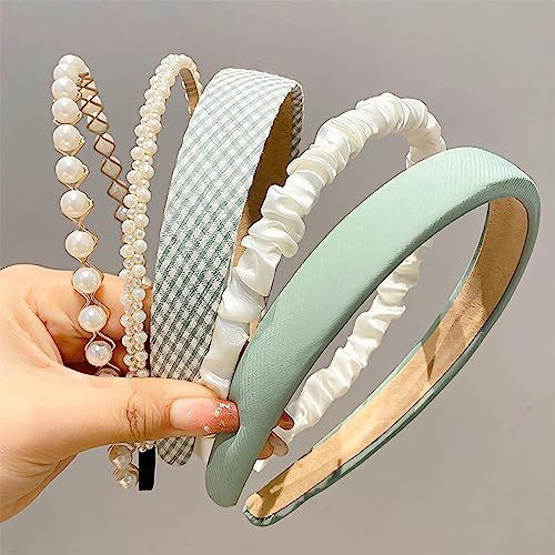 DOXISHRUKY Fashion Headbands for Women Girls Headbands Set, 5pcs Pearl Headband Floral Headbands Padded Headbands for Women Vintage Wide Headband (Green)