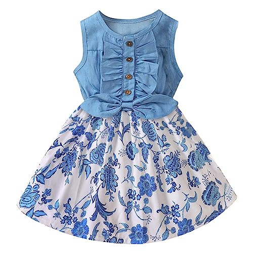Kids Girls Sleeveless Buttons Denim Dress Flower Print Pleated Flowy Swing Smocked Dresses Baby Girls Crew Neck Bow Cute Casual Skirts Clothes Elegant Jeans Skirts (Blue, 5-6 Years)