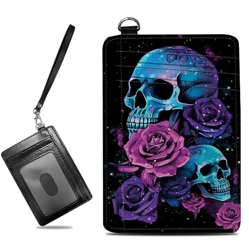 Image of Small Travel Wallets, Neon Sugar Skull Slim Minimalist Front Pocket Wallet with Wristlet, RFID Blocking PU Leather Credit Card Holder with ID Window Change Purse for Men Women