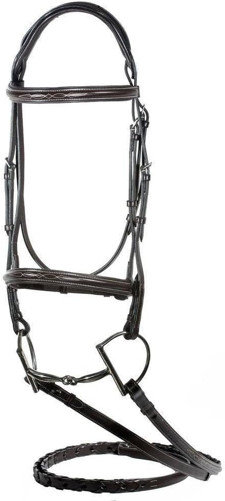 Leather Bridle English Headstall Reins Cowhide Genuine Horse Crossover Crossunder Raised Fancy Stitched Laced All Purpose Jumping Dressage Rubber Crystal Padded Adjustable Browband Full-Cob,M58
