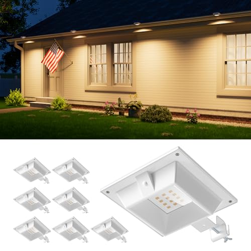 8 Pack Solar Powered Gutter Lights Outdoor Decorative Waterproof 12 LEDs Yard Lamp for Fence Railing Outside Wall Deck Garden Path Backyard Walkway Patio No Drilling Installation (Warm White)