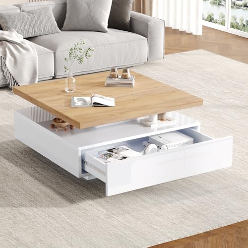 BTM Table Basse Carré Pivotant 360°, 2 Niveaux Pivotante, Tiroir Rangement, Cadre Noyer, Coffee Table Salon Blanche Brillante, 70 x70x36cm, Blanc