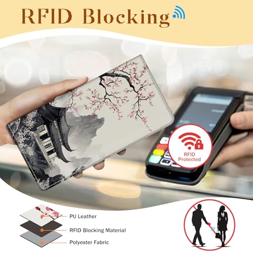 Image of Immaturus Womens Wallet, Flower Slim Thin RFID Blocking Credit Card Wallets, Tower Long Bifold PU Leather Card Holder Organizer, Cute Cash Clutch Billfold with Zipper Coin Pocket Ladies Girls Gift