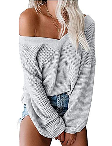Tobrief Women’s Winter Long Knitted Sweater Off Shoulder Long Sleeves Oversized Loose Solid Color Pullover Light Grey,XXL