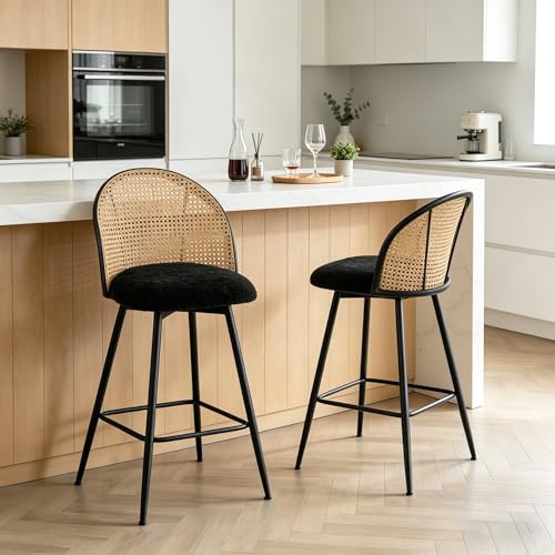 Bekrvio Lot de 2 tabourets de Bar rotatifs - Charge maximale : 150 kg - en rotin avec Dossier - Tissu bouclé - Hauteur d'assise : 65 cm - avec Pieds en métal...