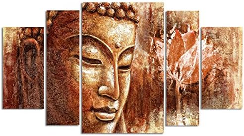 Buddha Wall Art Pure Hand Painted Framed Canvas Buddhist Oil Paintings Printed on Canvas 5 Panel Home Decor for Living Room Stretched Ready to Hang Total Size 55" W x 32" H Total