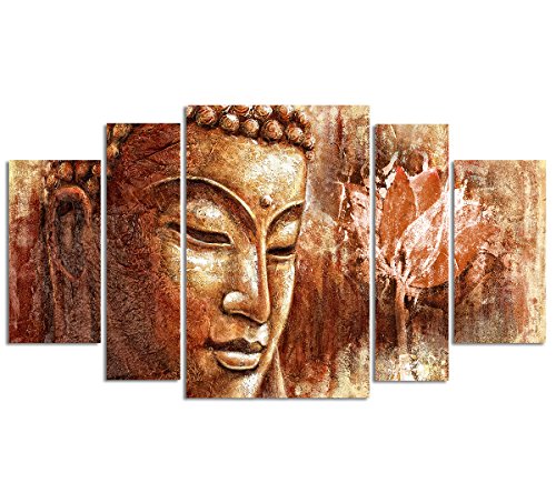 Buddha Wall Art Pure Hand Painted Framed Canvas Buddhist Oil Paintings Printed On Canvas 5 Panel Home Decor For Living Room Stretched Ready To Hang Total Size 55" W X 32" H Total #TOP23