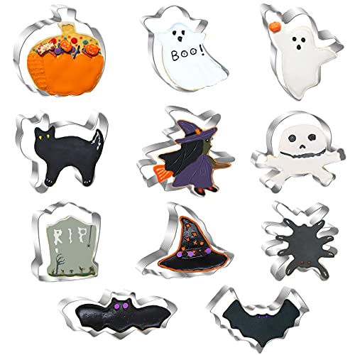Halloween Ausstechformen Set, 11-teilig, Edelstahl Keksausstecher - Kürbis, Fledermaus, Geist, Hexe, Hexenhut, Katze, Totenkopf, Spinne, Grabstein-Form für Halloween-Party-Dekorationen Cover