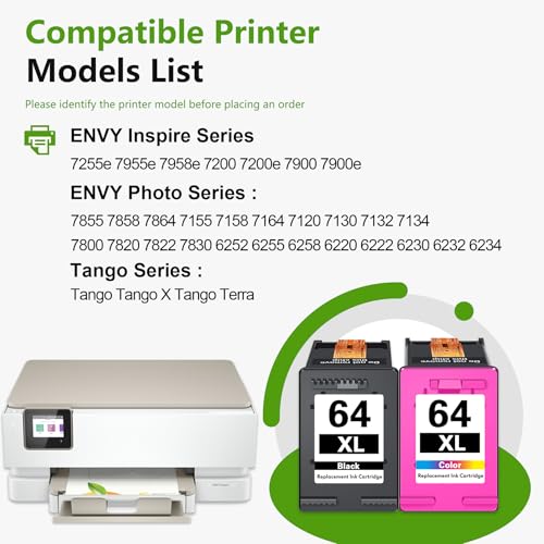 PikBey 64 64XL Black Tri-Color Ink Cartridges Combo Pack Replacement for HP 64XL Ink Cartridges Envy Inspire 7200 7900 7255e 7955e Envy Photo 7855 7155 7858 Tango Series Printer 2-Pack