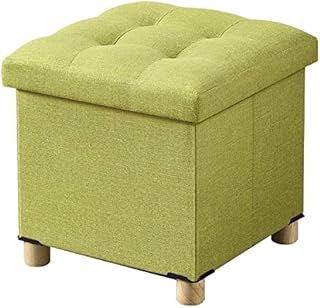 BRIAN & DANY Folding Ottoman Storage Box with Wood Legs, Linen Foot Stool, Pouffe Footstool with Highly Elastic Sponge Filling, Green, 38 x 38 x 38 cm
