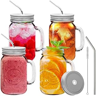 brimley 16oz Glass Mason Jar with Lid and Straw Set of 4 - Glass Jar with Lid and Handle for Cold Drinks - Glass Mason Jars with Lids and Straws (Stainless Steel)