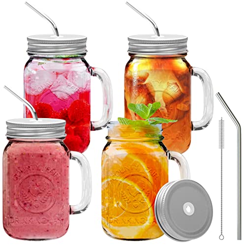 brimley 16oz Glass Mason Jar Set of 4 with Lid and Straw – Mason Jars with Handle for Cold Drinks – Glass Mason Jars with Metal Mason Jar Lids with Stainless Steel Straws and Straw Hole