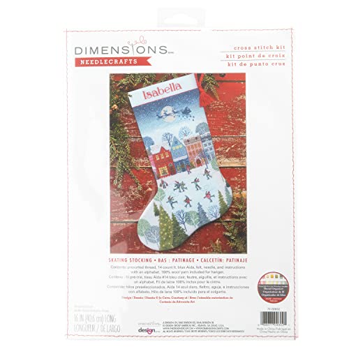 Dimensions 70-09602 Skating Counted Cross Stitch Christmas Stocking Kit, 16" Long, 14 Count Light Blue Aida, 6pcs