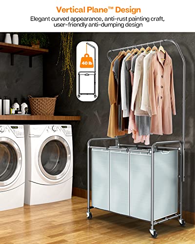 Romoon Laundry Sorter With Hanging Bar, 3 Section Laundry Hamper With Heavy Duty Wheels, Laundry Basket Organizer With Hanging Clothing Rack, Grey #TOP4