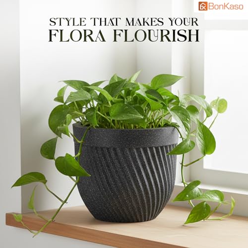 Image of Bonkaso 12 Inch Seltos Ribbed Planter for Indoor & Outdoor Use | Round Heavy Duty Polymer Flower Pot | Lightweight Weather Resistant Modern Gamla for Living Room Balcony & Terrace (Dark Grey)