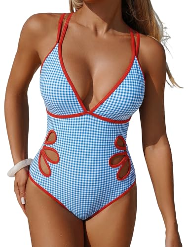 Image of ZAFUL Women's Petal Cut Out One Piece Swimsuit Colorblock V Neck Dual Straps Crisscross Backless Bathing Suit
