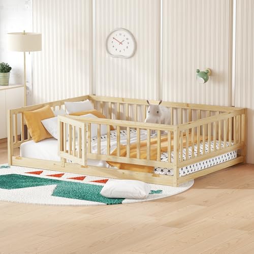 Image of Bellemave Full Size Montessori Floor Bed with Door & Slats, Solid Wood Kids Floor Bed Frame with High Safety Fence, Low Profile Bed for Boys & Girls, Natural