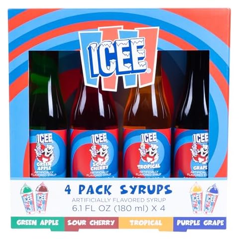 ICEE 4 Pack Slushie Syrups. Genuine ICEE Slushy syrups including Green Apple, Sour Cherry, Tropical & Grape Flavors. 4 x 6.1floz. Officially Licensed ICEE Merchandise from Fizz Creations. Cover