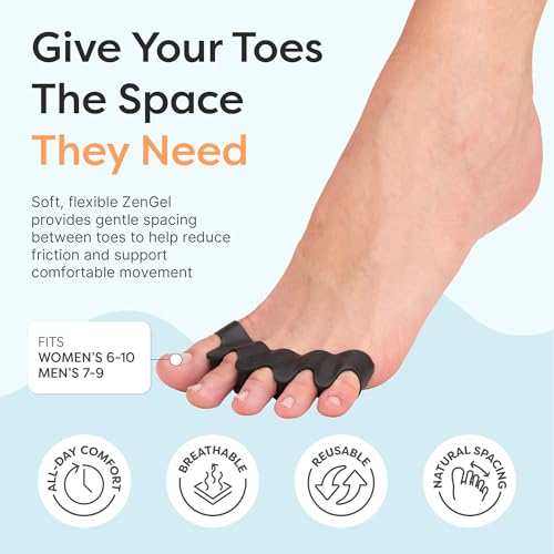 ZenToes Silicone Toe Spacers and Separators for Correct Toe Alignment, Bunion Relief, Hammertoe Straightener, Gel Orthopedic Corrector – 1 Pair (Black)