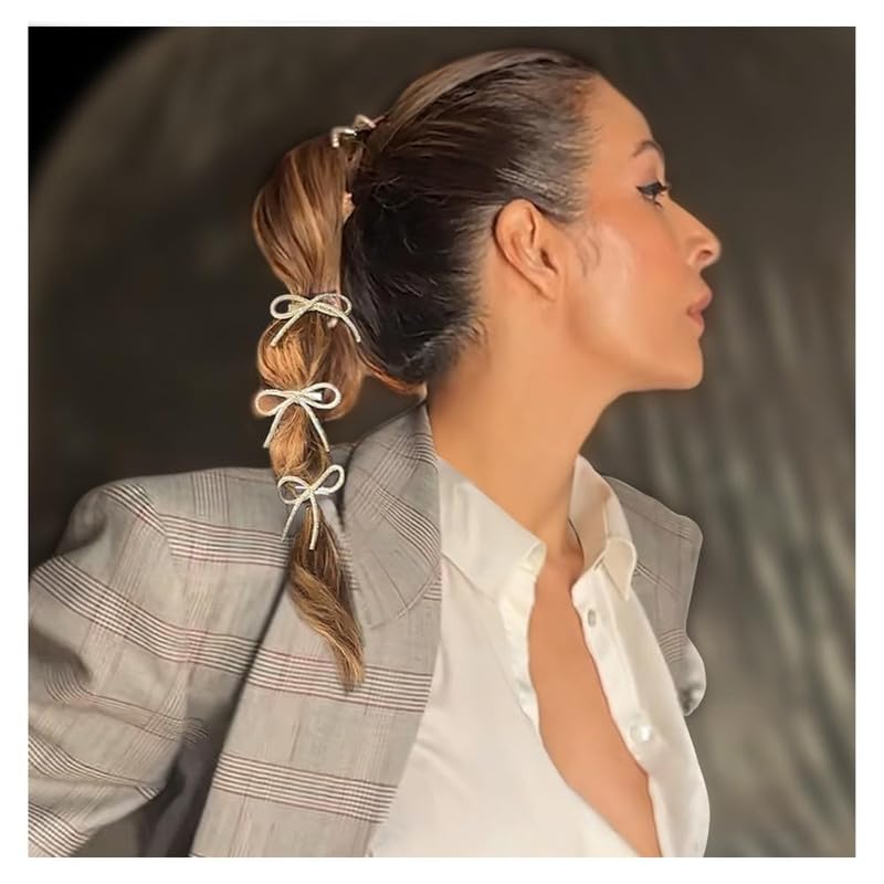Hair Drama Co. Crystal Bows for Women, 4 Pcs - Silver Hair Bow & Glitter Bow - Embellished Hair Bow Clips - Fancy Hair Clips - Metal Hair Bow Clips - Ribbon Bow Hair Clip