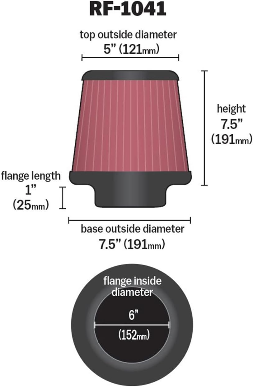 K&N High-Flow Original Lifetime Universal Clamp-On Air Filter: High Performance, Premium, Washable: Flange Diameter: 6 In, Filter Height: 7.5 In, Flange Length: 1 In, Shape: Round Tapered, RF-1041
