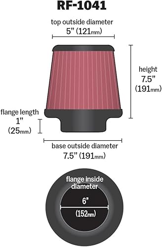 Vista 2 de K&N, RC-1041 - Filtro de aire universal con sistema de abrazaderas cónico. Medidas: brida 6 pulgadas (152 mm); altura 7.5 pulgadas (191 mm), base