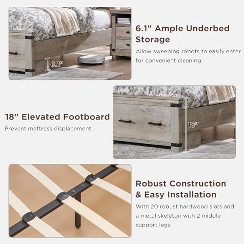 RedLemon Farmhouse Queen Size Bed Frame w/ 54" Tall Geometric Headboard, Rustic Wood Platform Bed w/ 2 Large Storage Drawers, Wood Slats Support, Noise Free, No Box Spring Needed, Light Rustic Oak - Thumbnail 7