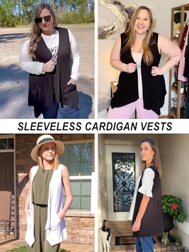Veryoung Black Vest Cardigan For Women Fashion Casual Open Front Lightweight Summer Cardigans Sleeveless Draped Kimono With Pockets Asymmetric Hem,S thumb #4