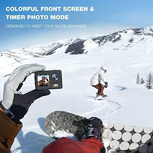 Person holding CAMWORLD X35 showing front screen in snowy environment