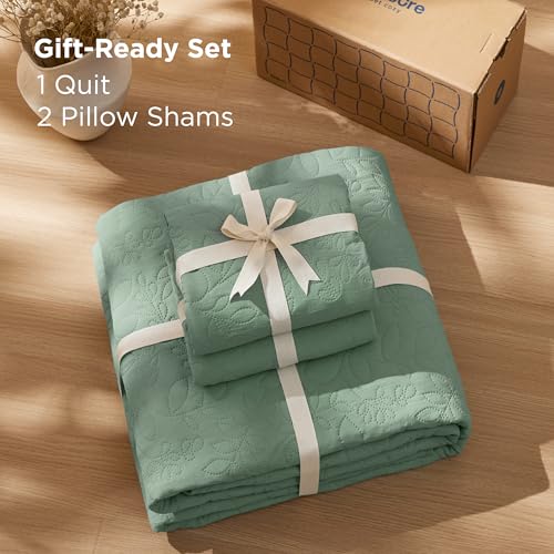 Image of Bedsure Quilts Queen Size - Ultra Soft Pre-Washed Cloud-Like Bedding, All-Season Lightweight Comforter for Country Bedroom, Leaf Design Coverlet in Sage Green, 90 x 96 Inches