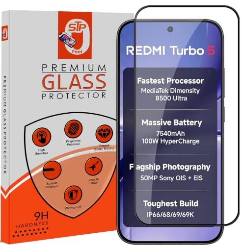 Image of STP FEEL Premium Tempered Glass Screen Protector Guard Compatible For Redmi Turbo 5 5G (6.59 Inch, Pack of 1) | Edge to Edge Coverage With Easy to installation kit for Smartphone