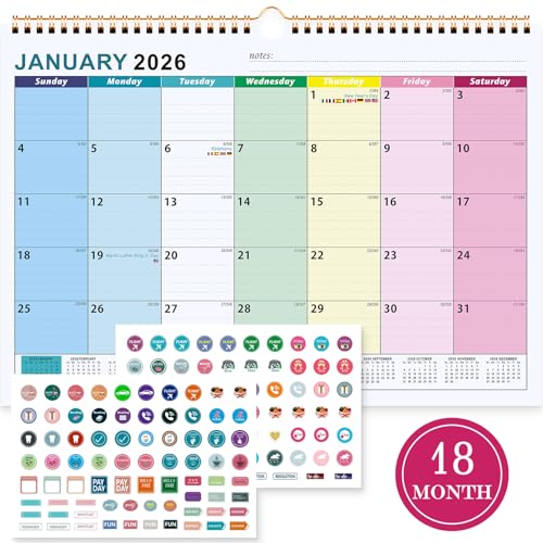 Benjia Desk Calendar 2026 academic year to 2027, January 2026 to June 2027, 18 Months Large Desktop Wall Calendar With Copper Coil, Planner Stickers (A4, Colorful)