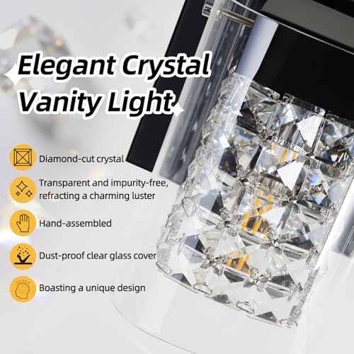 Image of Modern Crystal Bathroom Light Fixtures, 3-Light Black Vanity Lights with Clear Shades, Bathroom Lighting Fixtures Over Mirror Wall Light for Living Room, Decoration,Bedroom(Exclude Bulb)