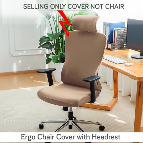 Image of HOKIPO 'SereneSolids' 140 GSM Office Chair Cover with Headrest (High-Back) - Stretchable Fabric - Washable, Anti-Slip Fit for Ergonomic Mesh Office Chairs, Dark Camel (AR-5369-DCML)